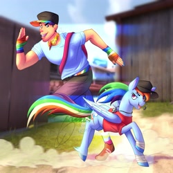 Size: 4096x4096 | Tagged: safe, artist:lycantrin, derpibooru import, rainbow dash, human, pegasus, pony, bandage, bonk, clothes, colored hooves, colored wings, crossover, dog tags, duo, dust cloud, element of loyalty, female, male, mare, outdoors, painted nails, rainbow trail, running, scout, speed lines, tape, team fortress 2, unshorn fetlocks, wholesome, wings