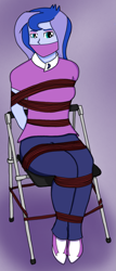 Size: 719x1679 | Tagged: safe, artist:fishielo, derpibooru import, princess luna, vice principal luna, human, equestria girls, arm behind back, bondage, bound and gagged, breasts, chair, cloth gag, female, fetish, folding chair, gag, legs together, looking at you, purple background, requested art, rope, rope bondage, simple background, sitting, solo, tied to chair