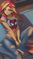 Size: 864x1536 | Tagged: safe, derpibooru import, editor:sammykun, generator:novelai, generator:stable diffusion, machine learning generated, sunset shimmer, human, equestria girls, brick wall, clothes, cosplay, costume, crossover, female, humanized, jeans, marvel, marvel comics, mary jane, mary jane watson, midriff, pants, reference used, ripped jeans, ripped pants, shirt, solo, spider-man, torn clothes