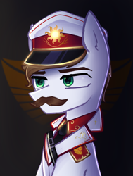 Size: 2145x2840 | Tagged: safe, artist:opal_radiance, derpibooru import, oc, oc only, earth pony, pony, bust, clothes, earth pony oc, eyebrows, facial hair, gradient background, hat, high res, male, military hat, moustache, portrait, solarist, solo, stallion, uniform, unnamed oc, white