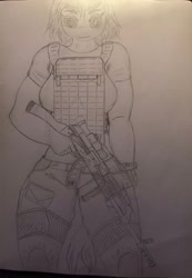 Size: 2782x4029 | Tagged: safe, artist:darkini von blessy, derpibooru import, oc, oc only, anthro, anthro oc, armor, armored pony, breasts, chestplate, clothes, drawing, equipment, female, gun, lineart, monochrome, pencil drawing, plate carrier, short hair, sketch, sketchbook, solo, traditional art, weapon