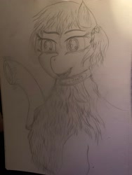 Size: 3024x4032 | Tagged: safe, artist:darkini von blessy, derpibooru import, oc, oc only, earth pony, pony, boop, chest fluff, collar, drawing, earth pony oc, hairpin, happy, lineart, messy mane, monochrome, pencil drawing, short hair, sketch, sketchbook, smiling, solo, traditional art