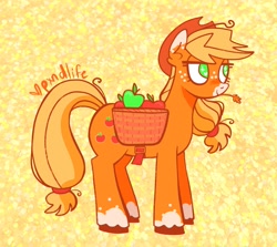 Size: 1280x1143 | Tagged: safe, artist:pxndlife, derpibooru import, applejack, earth pony, pony, apple, food, freckles, hat, smiling, solo