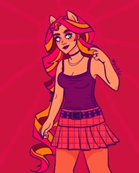 Size: 1280x1600 | Tagged: safe, artist:pxndlife, derpibooru import, sunset shimmer, human, equestria girls, belt, choker, clothes, ponied up, red background, simple background, skirt, smiling, solo, tanktop