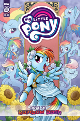 Size: 2063x3131 | Tagged: safe, derpibooru import, idw, rainbow dash, crystal pony, pegasus, pony, seapony (g4), equestria girls, clothes, comic cover, crystallized, dashstorm, female, filly, filly rainbow dash, flower, foal, high res, mare, multeity, my little pony logo, official, official comic, older, older rainbow dash, rainbow dash always dresses in style, rainbow power, seaponified, seapony rainbow dash, solo, species swap, sunflower, toga, younger