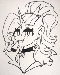 Size: 2416x3049 | Tagged: safe, artist:spoopygirl, derpibooru import, oc, oc only, oc:dyx, alicorn, pony, alicorn oc, black and white, bust, cigarette, female, grayscale, horn, lineart, monochrome, smoking, solo, traditional art
