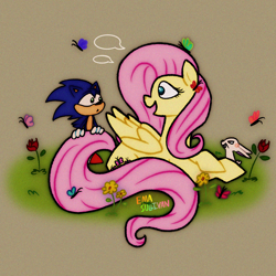 Size: 2048x2048 | Tagged: safe, artist:ema0rsully, derpibooru import, angel bunny, fluttershy, butterfly, pegasus, pony, rabbit, animal, crossover, female, flower, high res, looking at each other, looking at someone, mare, open mouth, open smile, smiling, sonic the hedgehog, sonic the hedgehog (series), trio