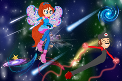 Size: 3000x2000 | Tagged: safe, artist:kova360, artist:user15432, derpibooru import, human, equestria girls, barely eqg related, base used, bloom (winx club), blue wings, boots, cap, clothes, comet, cosmix, crossover, equestria girls style, equestria girls-ified, eyes closed, fairy, fairy wings, fingerless gloves, flying, flying mario, galaxy, galaxy background, gloves, glowing hands, hat, high heel boots, high heels, mario, mario's hat, milky way galaxy, overalls, red shoes, shoes, shooting star, smiling, space, sparkly wings, spiral galaxy, stars, super mario bros., super mario galaxy, wings, winx club