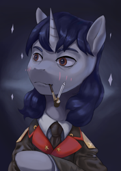 Size: 2480x3508 | Tagged: safe, artist:fly over, derpibooru import, oc, oc only, oc:starry night (eaw), unicorn, equestria at war mod, blushing, cigarette, clothes, female, mare, necktie, pipe, solo, unicorn oc, uniform