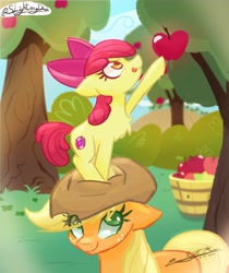 Size: 3440x4096 | Tagged: safe, artist:slightningdash, derpibooru import, apple bloom, applejack, earth pony, pony, apple, apple tree, bow, bucket, bush, chest fluff, cowboy hat, cutie mark, female, filly, foal, food, freckles, grass, hair bow, hat, hill, lightning, mare, reaching, shading, sibling love, siblings, sisterly love, sisters, smiling, standing on head, the cmc's cutie marks, tongue, tongue out, tree