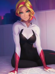 Size: 1020x1360 | Tagged: safe, derpibooru import, editor:sammykun, generator:novelai, generator:stable diffusion, machine learning assisted, machine learning generated, sunset shimmer, human, bed, bodysuit, breasts, clothes, cosplay, costume, hood, hoodie, humanized, looking at you, marvel, marvel cinematic universe, reasonably sized breasts, reference used, short hair, sitting, solo, spider web, spider-gwen, superhero
