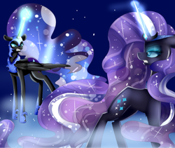 Size: 992x836 | Tagged: safe, artist:highrollerarchive, derpibooru import, nightmare moon, nightmare rarity, alicorn, pony, unicorn, angry, blue eyes, digital art, ethereal mane, eyelashes, eyeshadow, fangs, female, flowing mane, flowing tail, folded wings, glowing, glowing horn, hoof shoes, horn, long horn, looking at each other, looking at someone, magic, makeup, mare, night, purple mane, sparkles, starry mane, starry tail, stars, tail, teeth, walking, wings