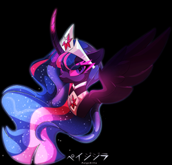 Size: 3241x3108 | Tagged: safe, artist:paigezilla, derpibooru import, twilight sparkle, twilight sparkle (alicorn), oc, oc:everlight everlasting, alicorn, pony, alternate universe, black background, bust, colored eyelashes, colored horn, colored pupils, colored wings, corrupted, crown, curved horn, dark, digital art, ears, element of magic, ethereal mane, evil, eyelashes, feathered wings, female, floppy ears, flowing mane, gem, gradient horn, gradient mane, gradient wings, horn, jewelry, long horn, looking at you, mare, multicolored hair, multicolored horn, nightmare twilight, nightmarified, older, older twilight, peytral, portrait, purple eyes, regalia, signature, simple background, solo, sparkles, spread wings, starry mane, three quarter view, ultimate twilight, wall of tags, wings