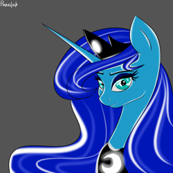 Size: 3000x3000 | Tagged: safe, artist:panelub, derpibooru import, princess luna, alicorn, bust, colored, female, gray background, portrait, simple background, solo