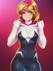 Size: 1020x1360 | Tagged: safe, derpibooru import, editor:sammykun, generator:novelai, generator:stable diffusion, machine learning assisted, machine learning generated, sunset shimmer, human, bodysuit, breasts, clothes, cosplay, costume, gradient background, hood, hoodie, humanized, looking at you, marvel, marvel cinematic universe, reasonably sized breasts, reference used, short hair, solo, spider web, spider-gwen, standing, superhero