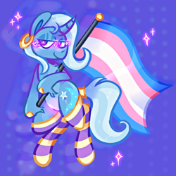 Size: 1280x1280 | Tagged: artist needed, safe, derpibooru import, trixie, pony, unicorn, clothes, digital art, ear piercing, earring, horn, jewelry, piercing, pride, pride flag, simple background, socks, solo, striped socks, tail, thigh highs, trans trixie, transgender, transgender pride flag