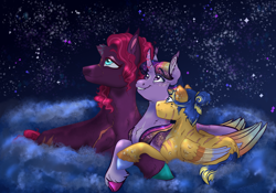 Size: 1280x896 | Tagged: safe, artist:miyalaflordorada, derpibooru import, fizzlepop berrytwist, flash sentry, tempest shadow, twilight sparkle, twilight sparkle (alicorn), alicorn, pegasus, pony, unicorn, alternate hairstyle, bisexual, broken horn, cloud, colored hooves, commission, female, flashlight, horn, larger female, lesbian, looking up, lying down, lying on a cloud, male, mare, night, on a cloud, polyamory, prone, scar, shipping, size difference, smaller male, stallion, stars, straight, tempestflashlight, tempestlight, tempestsentry, unshorn fetlocks