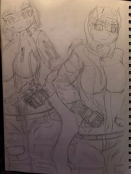 Size: 3024x4032 | Tagged: safe, artist:darkini von blessy, derpibooru import, oc, oc only, anthro, anthro oc, clothes, duo, duo female, female, freckles, gun, hood, lineart, looking at you, monochrome, pencil drawing, ready to fight, sketch, sketchbook, stare, traditional art, weapon