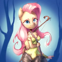 Size: 698x698 | Tagged: safe, artist:haku nichiya, derpibooru import, fluttershy, anthro, pegasus, bow (weapon), female, frown, mare, pants, satchel, solo, tree, worried