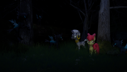 Size: 3840x2160 | Tagged: safe, artist:botxs, derpibooru import, apple bloom, zecora, changeling, earth pony, pony, night, tree