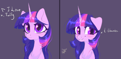 Size: 4700x2319 | Tagged: safe, artist:jsunlight, derpibooru import, twilight sparkle, twilight sparkle (alicorn), alicorn, pony, 2 panel comic, blushing, bronybait, comic, ears, female, floppy ears, mare, offscreen character, simple background, smiling, solo, text