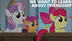 Size: 2000x1125 | Tagged: safe, derpibooru import, edit, edited screencap, editor:quoterific, screencap, apple bloom, scootaloo, sweetie belle, marks for effort, cutie mark crusaders