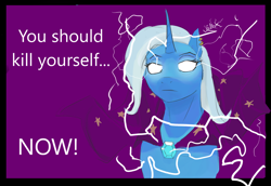 Size: 1272x874 | Tagged: safe, artist:felfox, derpibooru import, trixie, pony, unicorn, glowing, glowing eyes, kill yourself, lightning, lowtiergod, meme, ponified, ponified meme, solo