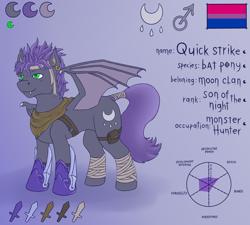 Size: 2000x1800 | Tagged: safe, artist:valdemar, derpibooru import, oc, oc only, oc:quick strike, bat pony, pony, bat pony oc, bisexual, bisexual pride flag, cutie mark, male, ponytail, pride, pride flag, reference, reference sheet, simple background, solo, stallion, tail, weapon