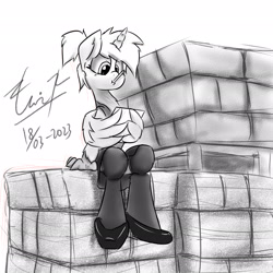 Size: 2048x2048 | Tagged: safe, artist:dianetgx, derpibooru import, oc, oc only, oc:silvia cascadia, hippogriff, boxes, clothes, grayscale, horn, monochrome, paperwork, pigtails, shoes, signature, simple background, sitting, skirt, socks, solo, uniform, vest, white background, wing hands, wings