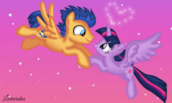 Size: 1200x720 | Tagged: safe, artist:mlplary6, derpibooru import, flash sentry, twilight sparkle, twilight sparkle (alicorn), alicorn, pegasus, pony, female, flashlight, flying, heart, holding hooves, looking at each other, looking at someone, male, mare, night, romantic, shipping, sky, smiling, smiling at each other, stallion, stars, straight