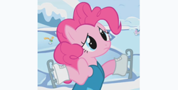 Size: 1881x953 | Tagged: safe, derpibooru import, screencap, pinkie pie, earth pony, pony, season 1, winter wrap up, background pony, female, frown, ice skating, mare, shrug, solo focus