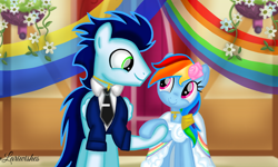Size: 1200x720 | Tagged: safe, artist:mlplary6, derpibooru import, rainbow dash, soarin', pegasus, pony, bride, clothes, dress, female, flower, groom, holding hooves, husband and wife, looking at each other, looking at someone, male, mare, marriage, married couple, romantic, shipping, smiling, smiling at each other, soarindash, stallion, straight, wedding, wedding dress