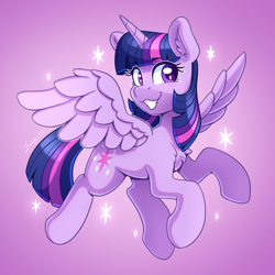 Size: 2480x2480 | Tagged: safe, artist:dandy, derpibooru import, twilight sparkle, twilight sparkle (alicorn), alicorn, pony, chest fluff, ear fluff, ears, female, gradient background, grin, high res, horn, looking at you, mare, simple background, smiling, smiling at you, solo, sparkles, spread wings, wings