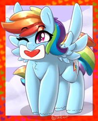 Size: 908x1122 | Tagged: safe, artist:llametsul, derpibooru import, rainbow dash, pegasus, pony, colored, cute, dashabetes, eyebrows, eyebrows visible through hair, female, mare, mouth hold, one eye closed, simple background, solo, spread wings, wings