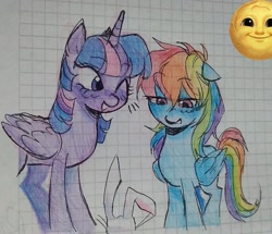 Size: 1609x1381 | Tagged: safe, artist:dulcesilly, derpibooru import, angel bunny, rainbow dash, twilight sparkle, twilight sparkle (alicorn), alicorn, pegasus, pony, rabbit, animal, female, graph paper, mare, one eye closed, sketch, traditional art, wink