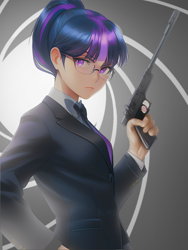 Size: 1020x1360 | Tagged: safe, derpibooru import, editor:sammykun, generator:novelai, generator:stable diffusion, machine learning assisted, machine learning generated, sci-twi, twilight sparkle, human, equestria girls, bad trigger discipline, clothes, cosplay, costume, female, glasses, gun, half body, handgun, humanized, james bond, looking at you, pistol, ponytail, serious, serious face, solo, suit, tuxedo, weapon