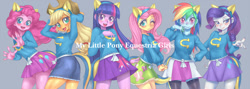 Size: 1600x568 | Tagged: safe, artist:hoihoi, derpibooru import, applejack, fluttershy, pinkie pie, rainbow dash, rarity, twilight sparkle, human, equestria girls, equestria girls (movie), blushing, clothes, gray background, humane five, humane six, looking at you, one eye closed, open mouth, open smile, simple background, smiling, sweater, wink, wondercolt ears, wondercolts uniform