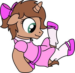 Size: 2655x2580 | Tagged: safe, artist:peternators, derpibooru import, oc, oc only, oc:heroic armour, pony, unicorn, bow, clothes, colt, crossdressing, dress, ears, fake eyelashes, floppy ears, foal, hair bow, male, mary janes, ponytail, shoes, simple background, smiling, socks, solo, thigh highs, transparent background