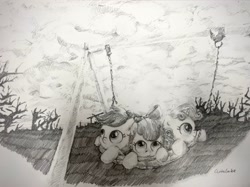 Size: 3482x2611 | Tagged: safe, artist:widelake, derpibooru import, apple bloom, scootaloo, sweetie belle, earth pony, pegasus, unicorn, cloud, cloudy, cutie mark crusaders, female, filly, foal, pencil drawing, sunset, swing, traditional art, tree, trio