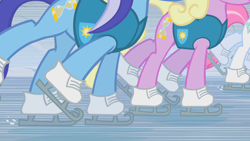 Size: 1280x720 | Tagged: safe, derpibooru import, screencap, minuette, spring forward, earth pony, pony, unicorn, winter wrap up, duo focus, female, ice skating, mare, offscreen character
