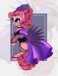 Size: 1600x2100 | Tagged: safe, artist:evildraw, derpibooru import, pinkie pie, earth pony, pony, over a barrel, clothes, dress, female, fishnet stockings, saloon dress, saloon pinkie, solo