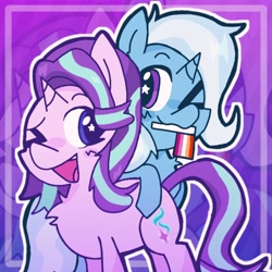 Size: 3264x3264 | Tagged: safe, artist:stariightglimmr, derpibooru import, starlight glimmer, trixie, unicorn, duo, female, lesbian, lesbian pride flag, one eye closed, open mouth, open smile, pride, pride flag, shipping, smiling, starry eyes, startrix, wingding eyes