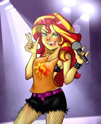 Size: 900x1097 | Tagged: safe, artist:marrycherrydraw, derpibooru import, sunset shimmer, equestria girls, clothes, female, fishnets, microphone, shorts, solo, tongue, tongue out