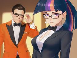 Size: 1360x1020 | Tagged: safe, derpibooru import, editor:sammykun, generator:stable diffusion, machine learning generated, sci-twi, twilight sparkle, human, equestria girls, breasts, clothes, crossover, eggsy (kingsman), female, humanized, kingsman: the secret service, male, movie reference, reasonably sized breasts, spy, suit, tuxedo