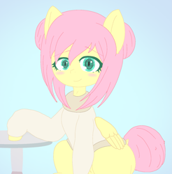 Size: 1439x1463 | Tagged: artist needed, source needed, safe, derpibooru import, fluttershy, pegasus, pony, alternate hairstyle, blushing, bottomless, clothes, dock, folded wings, gradient background, hair bun, ibispaint x, missing cutie mark, nudity, partial nudity, smiling, solo, sweater, sweatershy, table, tail, tail bun, wings