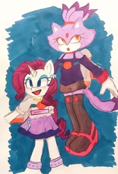 Size: 1694x2486 | Tagged: safe, artist:cloudypandauwu, derpibooru import, rarity, anthro, unicorn, abstract background, blaze the cat, clothes, duo, eyelashes, female, makeup, skirt, smiling, sonic the hedgehog (series)