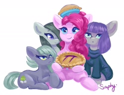 Size: 2048x1584 | Tagged: safe, artist:saphypone, derpibooru import, limestone pie, marble pie, maud pie, pinkie pie, earth pony, pony, female, food, mare, pi, pi day, pie, pie sisters, siblings, simple background, sisters, white background
