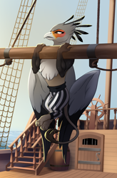 Size: 1980x3024 | Tagged: safe, artist:28gooddays, derpibooru import, oc, oc only, griffon, clothes, commission, female, griffon oc, ocean, pants, pullup, ship, solo, sweat, water