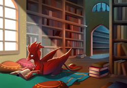 Size: 2868x2000 | Tagged: safe, artist:28gooddays, derpibooru import, oc, oc only, classical hippogriff, hippogriff, book, bookshelf, commission, crepuscular rays, dust motes, hippogriff oc, indoors, jewelry, library, lying down, necklace, prone, reading, solo