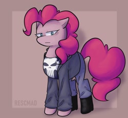 Size: 2500x2300 | Tagged: safe, artist:rescmad_, derpibooru import, pinkie pie, earth pony, pony, clothes, female, mare, marvel, punisher, solo, the punisher